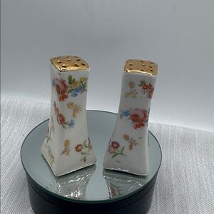 Salt and Pepper Shakers Vintage White And Floral Limoges Style Gold Tip.